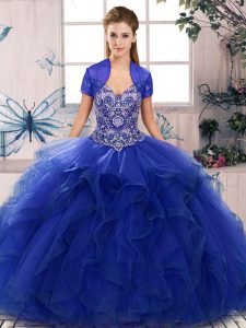 Exquisite Off The Shoulder Sleeveless Sweet 16 Quinceanera Dress Floor Length Beading and Ruffles Royal Blue Tulle