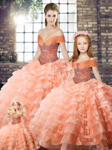 Exquisite Organza Off The Shoulder Sleeveless Brush Train Lace Up Beading and Ruffled Layers Sweet 16 Dresses in Peach