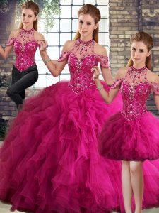  Floor Length Fuchsia Quinceanera Gown Tulle Sleeveless Beading and Ruffles