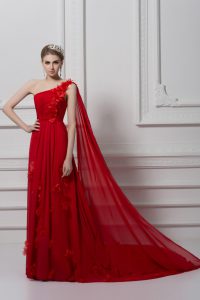  Red Sleeveless Watteau Train Ruching and Hand Made Flower Prom Evening Gown
