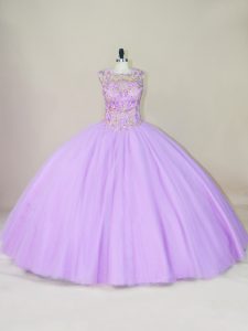 Fine Lavender Lace Up Scoop Beading Quinceanera Gown Tulle Sleeveless