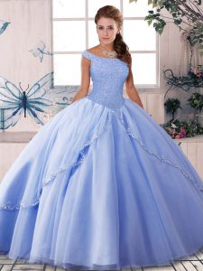 Cute Lavender Sleeveless Tulle Brush Train Lace Up Quinceanera Dress for Military Ball and Sweet 16 and Quinceanera