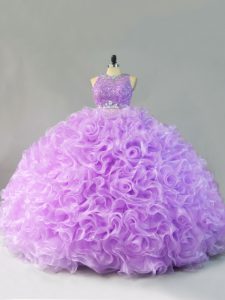 Eye-catching Lavender Fabric With Rolling Flowers Zipper Scoop Sleeveless Floor Length Sweet 16 Dresses Beading and Ruffles