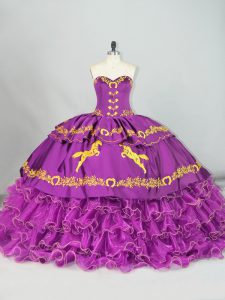 Sleeveless Satin and Organza Brush Train Lace Up Sweet 16 Dress in Purple with Embroidery and Ruffles
