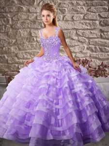  Lavender Sleeveless Beading and Ruffled Layers Lace Up Sweet 16 Quinceanera Dress