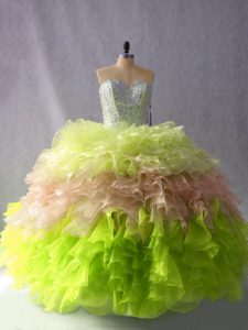 Colorful Sleeveless Floor Length Beading and Ruffles Lace Up 15th Birthday Dress with Multi-color