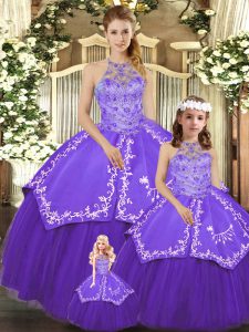 Best Purple Ball Gowns Satin and Tulle Halter Top Sleeveless Beading and Embroidery Floor Length Lace Up Sweet 16 Dresses