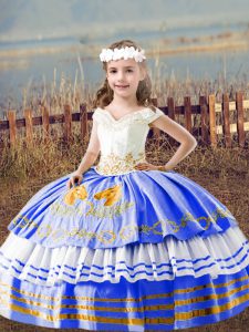  Off The Shoulder Sleeveless Lace Up Kids Pageant Dress Blue Satin