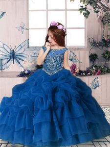Luxurious Floor Length Ball Gowns Sleeveless Blue Little Girls Pageant Gowns Zipper