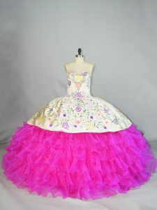 Custom Designed Organza Sweetheart Sleeveless Lace Up Embroidery and Ruffled Layers Quinceanera Gowns in Fuchsia