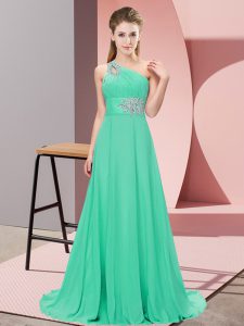  Apple Green Prom Evening Gown Prom and Party and Military Ball with Beading One Shoulder Sleeveless Lace Up