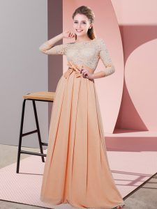 Customized Peach 3 4 Length Sleeve Lace and Belt Floor Length Quinceanera Dama Dress