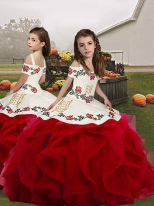 Sweet Embroidery and Ruffles Little Girls Pageant Gowns Red Lace Up Sleeveless Floor Length