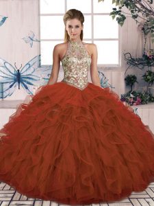 Smart Floor Length Lace Up Sweet 16 Dress Rust Red for Military Ball and Sweet 16 and Quinceanera with Beading and Ruffles