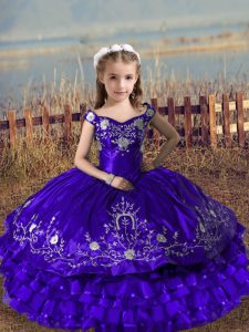  Purple Lace Up Off The Shoulder Embroidery and Ruffled Layers Little Girl Pageant Dress Satin and Organza Sleeveless