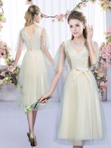  Tea Length Champagne Quinceanera Dama Dress Tulle Sleeveless Lace and Bowknot