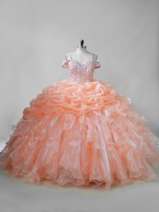 Orange Sleeveless Organza Brush Train Lace Up Quinceanera Dress