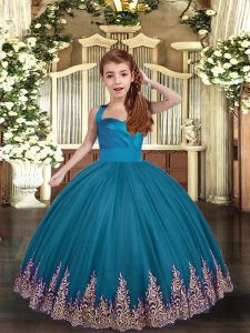  Floor Length Teal Kids Formal Wear Tulle Sleeveless Appliques and Ruching
