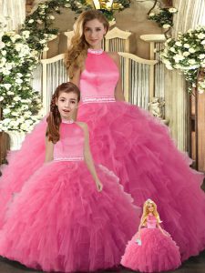 New Arrival Hot Pink Backless Quinceanera Dress Beading and Ruffles Sleeveless Floor Length