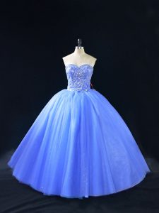 Adorable Sleeveless Floor Length Beading Lace Up 15 Quinceanera Dress with Blue