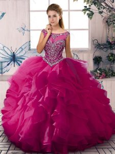 Amazing Floor Length Zipper Ball Gown Prom Dress Fuchsia for Sweet 16 and Quinceanera with Beading and Ruffles
