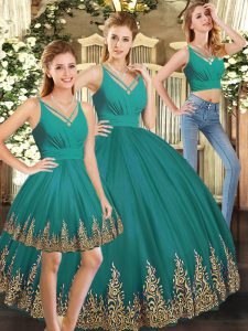  Turquoise 15th Birthday Dress Sweet 16 and Quinceanera with Embroidery V-neck Sleeveless Backless