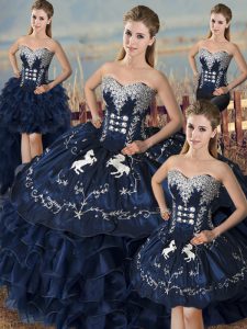  Navy Blue Satin and Organza Lace Up Sweetheart Sleeveless Floor Length Vestidos de Quinceanera Embroidery and Ruffles