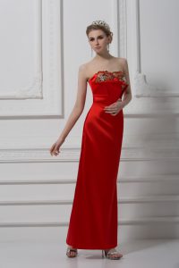  Red Column/Sheath Sweetheart Sleeveless Satin Ankle Length Lace Up Beading and Appliques Dress for Prom