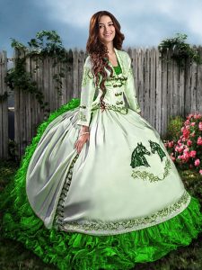 Sleeveless Organza Floor Length Lace Up Ball Gown Prom Dress in Green with Embroidery and Ruffles