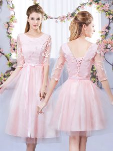  Half Sleeves Tea Length Lace and Belt Lace Up Court Dresses for Sweet 16 with Baby Pink