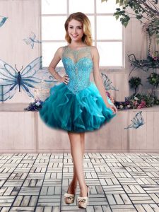  Teal Scoop Neckline Beading and Ruffles Evening Dress Sleeveless Lace Up