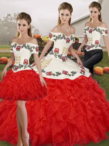 Excellent Sleeveless Organza Floor Length Lace Up Vestidos de Quinceanera in White And Red with Embroidery and Ruffles