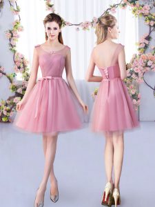 Fantastic Appliques and Belt Quinceanera Dama Dress Pink Lace Up Sleeveless Mini Length