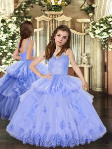 Latest Lavender Ball Gowns Tulle Straps Sleeveless Appliques Floor Length Lace Up Little Girls Pageant Gowns