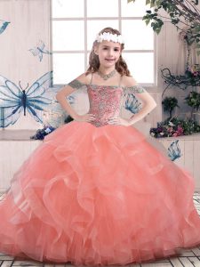  Watermelon Red Straps Lace Up Beading and Ruffles Pageant Gowns For Girls Sleeveless