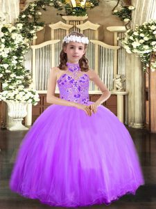 Enchanting Lavender Tulle Lace Up Kids Pageant Dress Sleeveless Floor Length Appliques