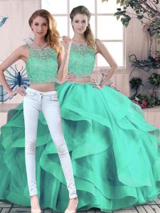  Turquoise Quinceanera Gown Sweet 16 and Quinceanera with Beading and Ruffles Scoop Sleeveless Zipper