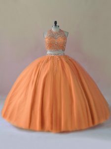  Orange Tulle Backless Halter Top Sleeveless Floor Length 15th Birthday Dress Beading