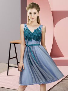 Smart Knee Length Blue Court Dresses for Sweet 16 Tulle Sleeveless Appliques