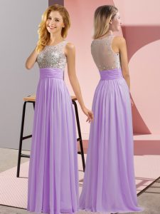  Lavender Empire Beading Dama Dress for Quinceanera Side Zipper Chiffon Sleeveless Floor Length