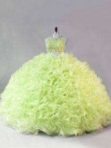 Fantastic Floor Length Yellow Green Quince Ball Gowns Fabric With Rolling Flowers Sleeveless Beading and Ruffles