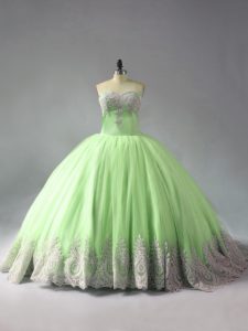 Chic Tulle Sweetheart Sleeveless Court Train Lace Up Beading and Appliques Sweet 16 Dress in Yellow Green