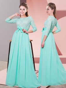  Apple Green 3 4 Length Sleeve Lace and Belt Floor Length Vestidos de Damas