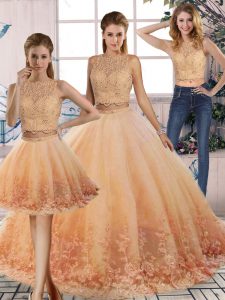 Fashionable Peach Sleeveless Sweep Train Lace Sweet 16 Dresses