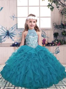 Beautiful Halter Top Sleeveless Tulle Pageant Gowns For Girls Beading and Ruffles Lace Up