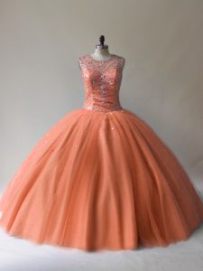 Artistic Orange Ball Gown Prom Dress Sweet 16 and Quinceanera with Beading Scoop Sleeveless Lace Up