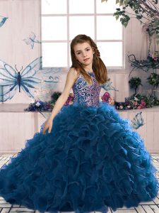  Sleeveless Floor Length Beading and Ruffles Lace Up Little Girls Pageant Gowns with Navy Blue