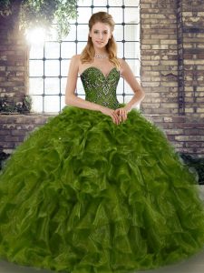  Sleeveless Organza Floor Length Lace Up Quinceanera Dresses in Olive Green with Beading and Ruffles