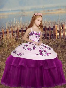 Most Popular Fuchsia Tulle Side Zipper Kids Pageant Dress Sleeveless Floor Length Embroidery
