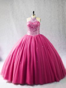 Modern Hot Pink Halter Top Lace Up Beading Quinceanera Gown Brush Train Sleeveless